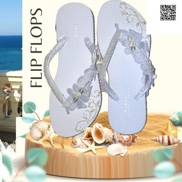 Bridal Shoes, Beach Wedding Flip Flops, Rhinestones/Crystals, Bachelorette Party - Picture 1 of 13